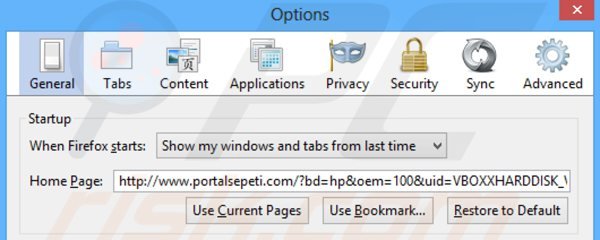 Eliminando portalsepeti.com de la página de inicio de Mozilla Firefox