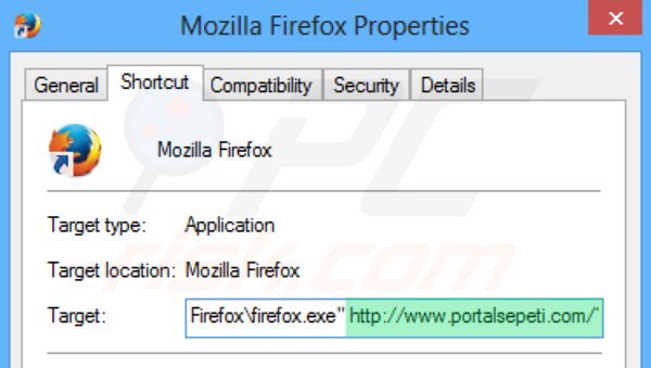 Eliminar portalsepeti.com del destino del acceso directo de Mozilla Firefox paso 2