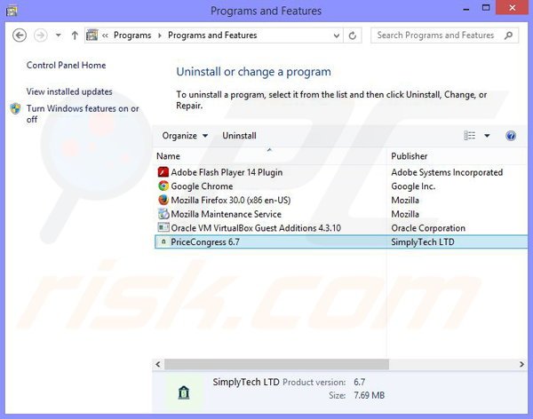 desinstalar el adware PriceCongress del Panel de control