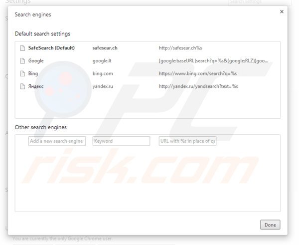 Eliminando safesear.ch del motor de búsqueda por defecto de Google Chrome