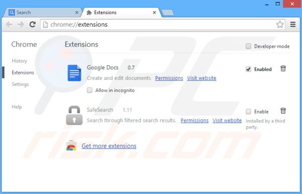 Eliminando las extensiones relacionadas con safesear.ch de Google Chrome