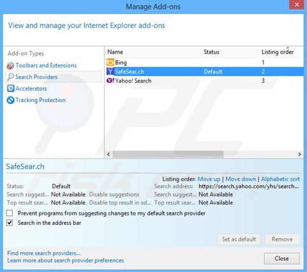 Eliminar safesear.ch del motor de búsqueda por defecto de Internet Explorer