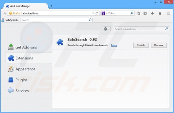Eliminando safesear.ch de las extensiones de Mozilla Firefox