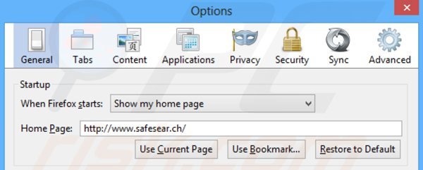 Eliminando safesear.ch de la página de inicio de Mozilla Firefox
