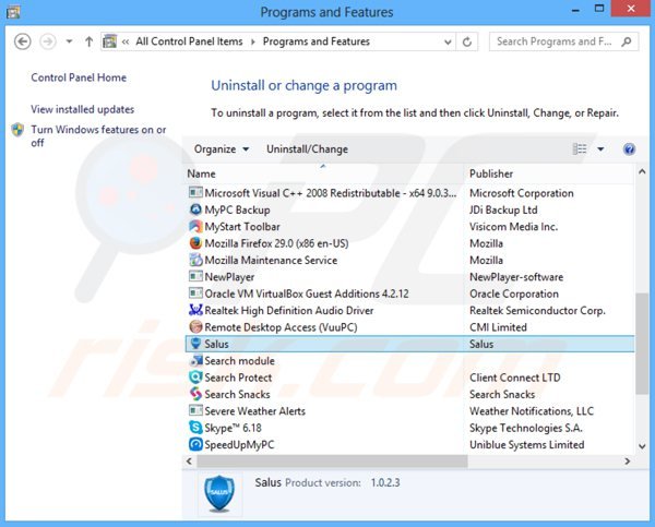 desinstalar el adware salus del Panel de control