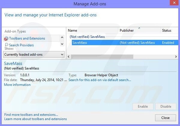 Eliminando los anuncios de SaveMass de Internet Explorer paso 2
