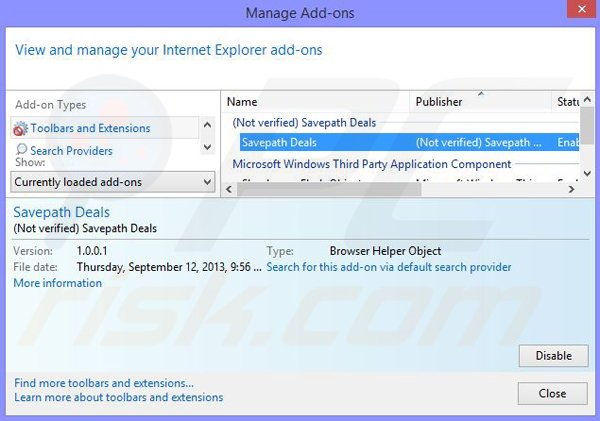 Eliminando los anuncios de Savepath Deals de Internet Explorer paso 2