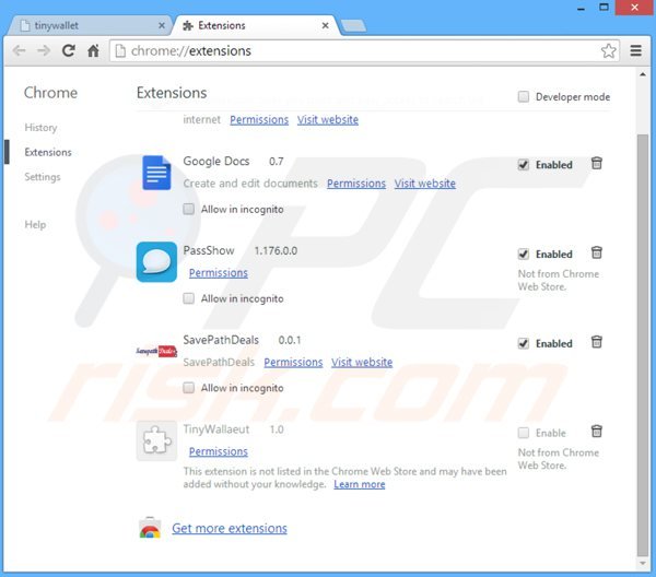 Eliminando los anuncios tinywallet de Google Chrome paso 2