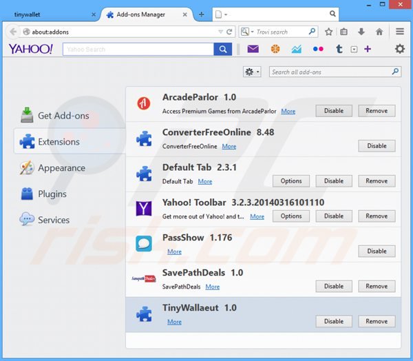 Eliminando los anuncios tinywallet de Mozilla Firefox paso 2