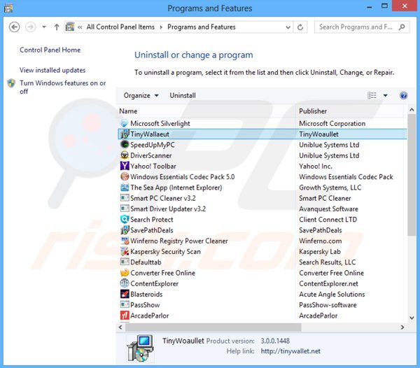desinstalar el adware tinywallet del Panel de control