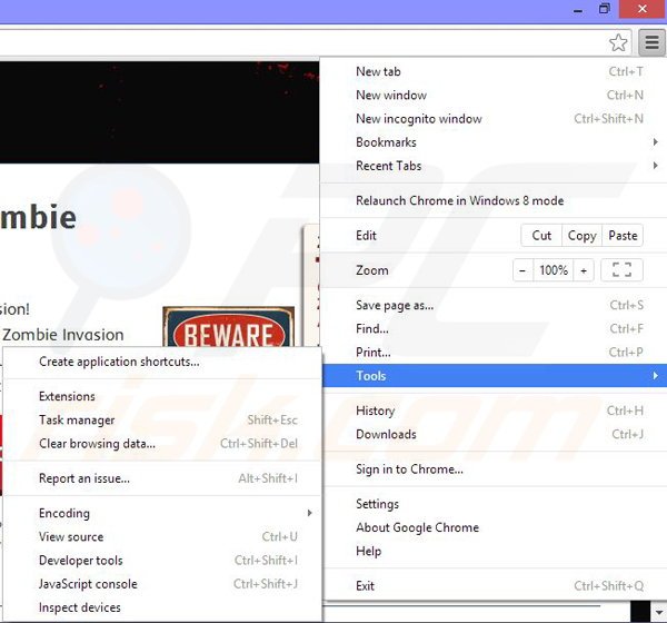 Eliminando los anuncios de Zombie Invasion de Google Chrome paso 1