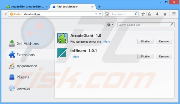 Eliminando los anuncios ArcadeGiant de Mozilla Firefox paso 2