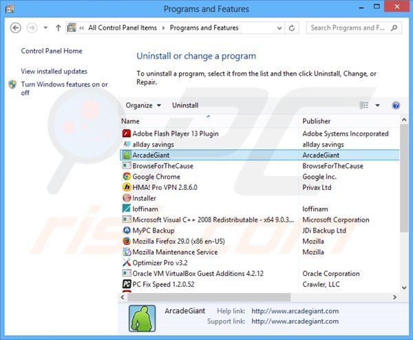 desinstalar el adware ArcadeGiant del Panel de control