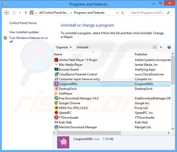 desinstalar el adware couponarific del Panel de control