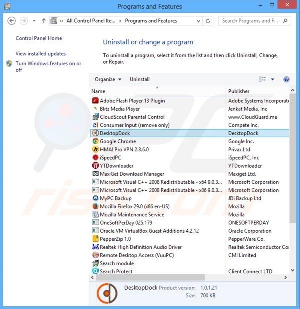 desinstalar el adware DesktopDock del Panel de control