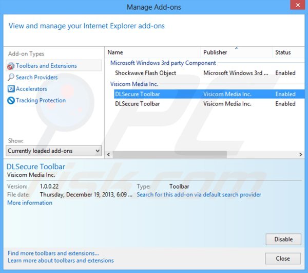 Eliminando dlsecure toolbar de las extensiones de Internet Explorer