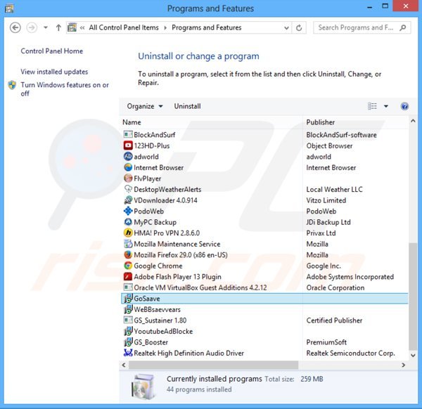 desinstalar el adware GoSave del Panel de control