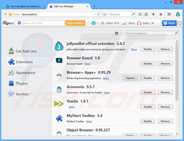 Eliminando los anuncios Jollywallet de Mozilla Firefox paso 2