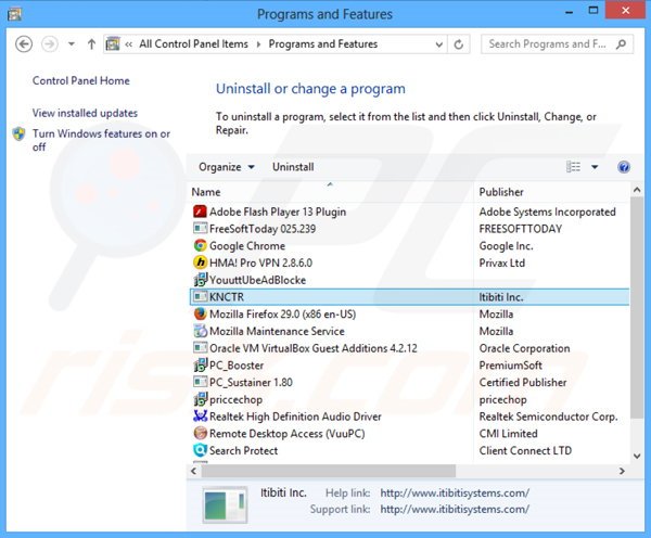 desinstalar el adware KNCTR del Panel de control