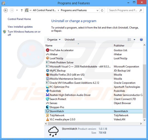 desinstalar el adware StormWatch del Panel de control