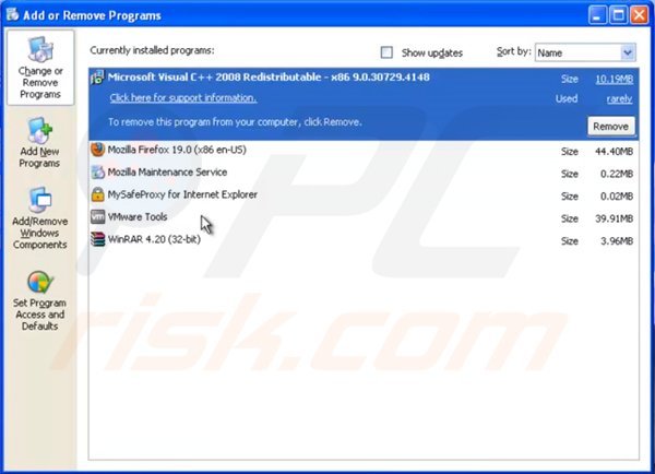 desinstalar el adware MySafeProxy del Panel de control