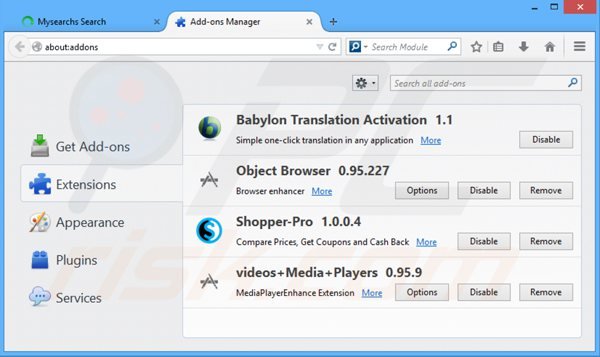 Eliminando la barra mysearchs de las extensiones de Mozilla Firefox