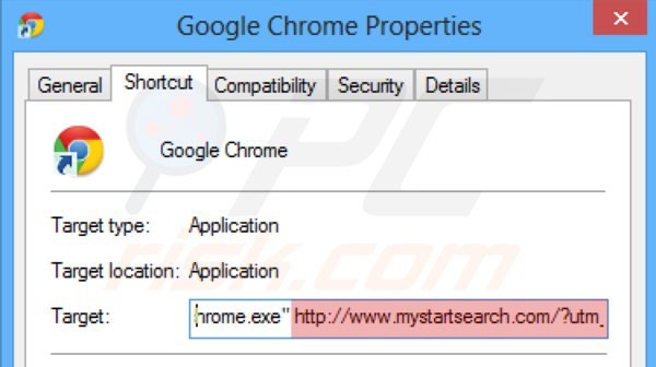 Eliminar mystartsearch.com del destino del acceso directo de Google Chrome paso 2