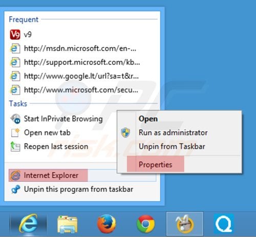 Eliminar mystartsearch.com del destino del acceso directo de Internet Explorer paso 1