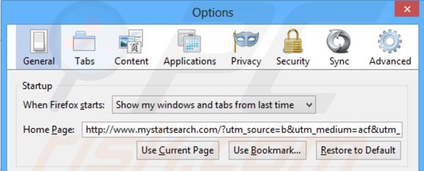 Eliminando mystartsearch.com de la página de inicio de Mozilla Firefox