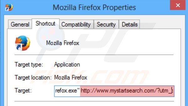 Eliminar mystartsearch.com del destino del acceso directo de Mozilla Firefox paso 2