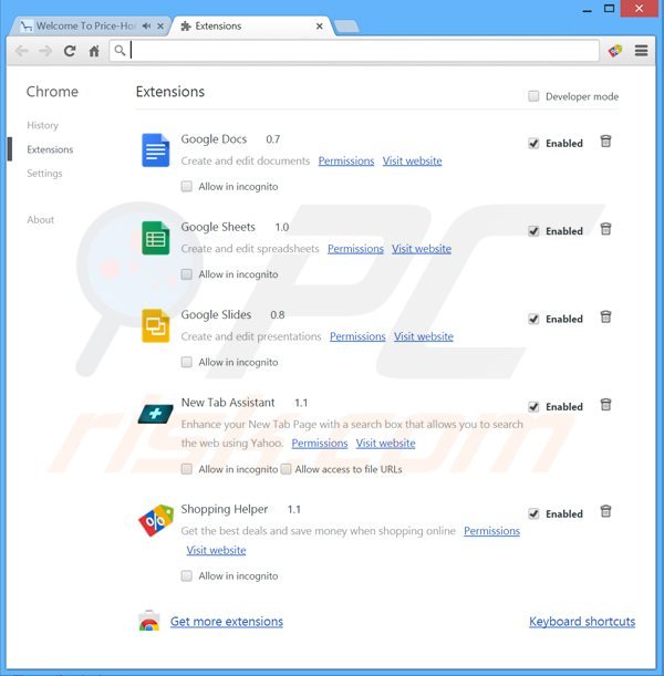 Eliminando los anuncios pricehorse de Google Chrome paso 2