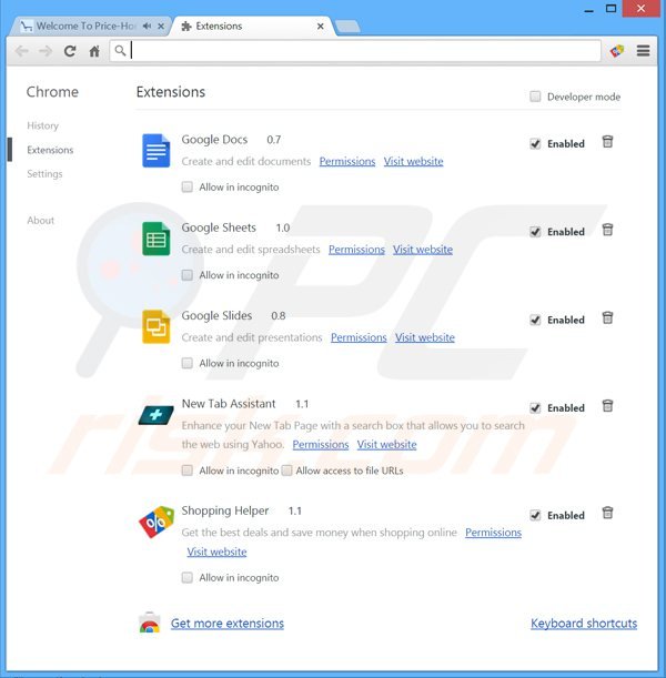 Eliminando los anuncios pricehorse de Google Chrome paso 2