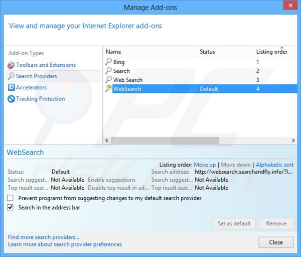 Eliminando websearch.searchandfly.info del motor de búsqueda por defecto de Internet Explorer