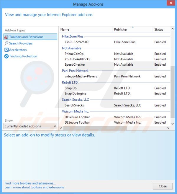Eliminando las extensiones relacionadas con websearch.searchandfly.info en Internet Explorer