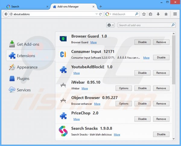 Eliminando websearch.searchandfly.info de las extensiones de Mozilla Firefox