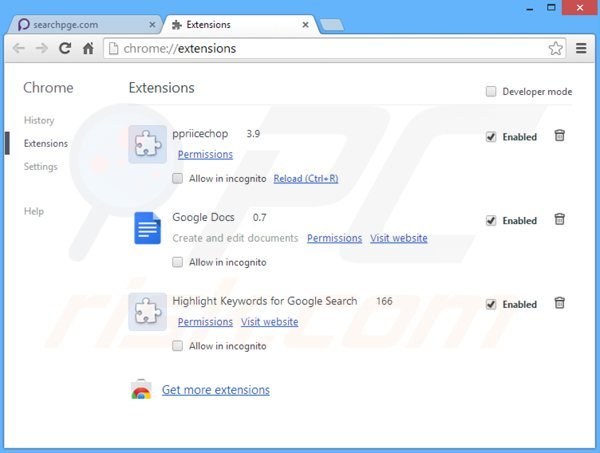Eliminando las extensiones relacionadas con searchpge.com de Google Chrome