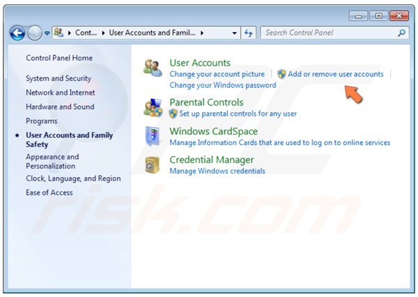 Panel de control en Windows 7 - añadir o eliminar cuentas de usuario