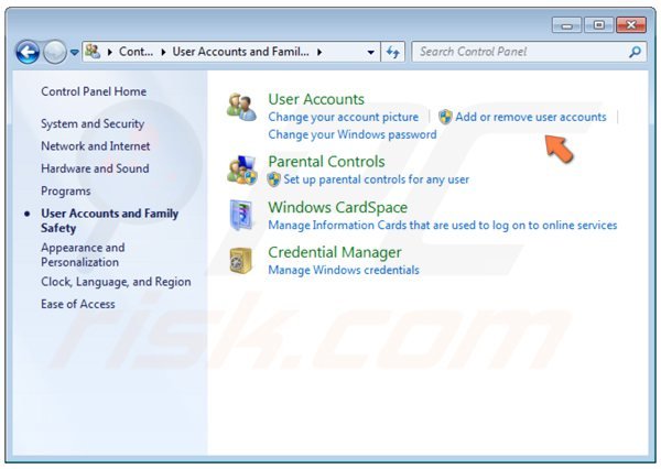 Panel de control en Windows 7 - añadir o eliminar cuentas de usuario