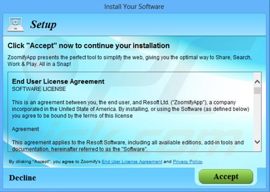 Instalador fraudulento de programas gratuitos usado para distribuir el software publicitario ZoomifyApp