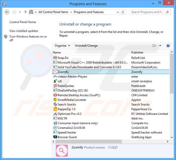 desinstalar el adware zoomifyapp del Panel de control