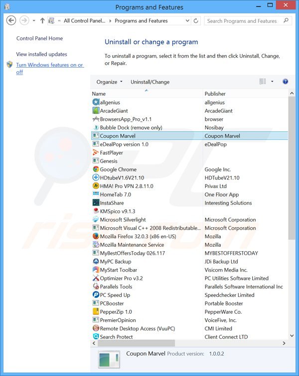 desinstalar el adware Coupon Marvel del Panel de control  E