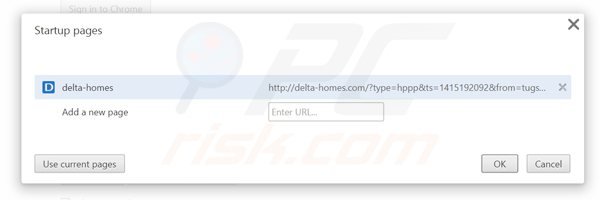 Eliminando delta-homes.com de la página de inicio de Google Chrome