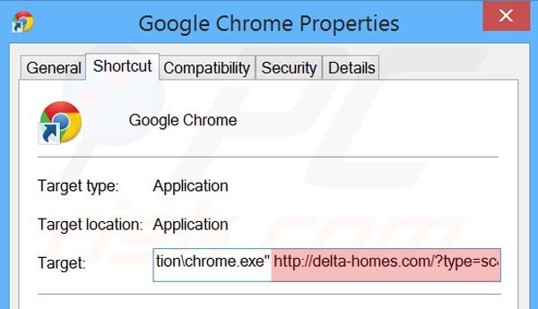 Eliminar delta-homes.com del destino del acceso directo de Google Chrome paso 2