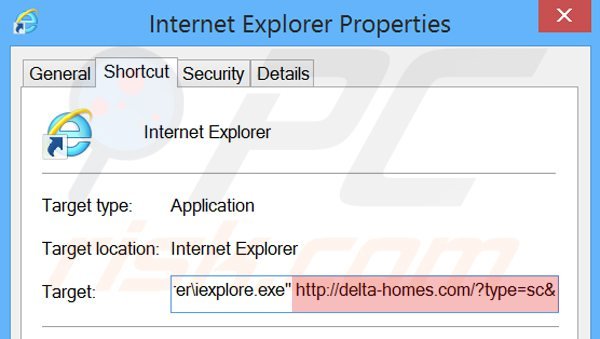 Eliminar delta-homes.com del destino del acceso directo de Internet Explorer paso 2