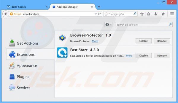 Eliminando delta-homes.com de las extensiones de Mozilla Firefox