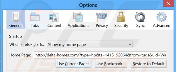 Eliminando delta-homes.com de la página de inicio de Mozilla Firefox