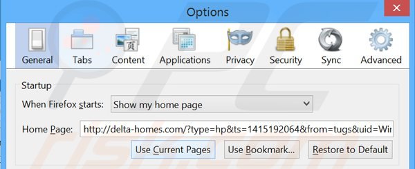 Eliminando delta-homes.com de la página de inicio de Mozilla Firefox