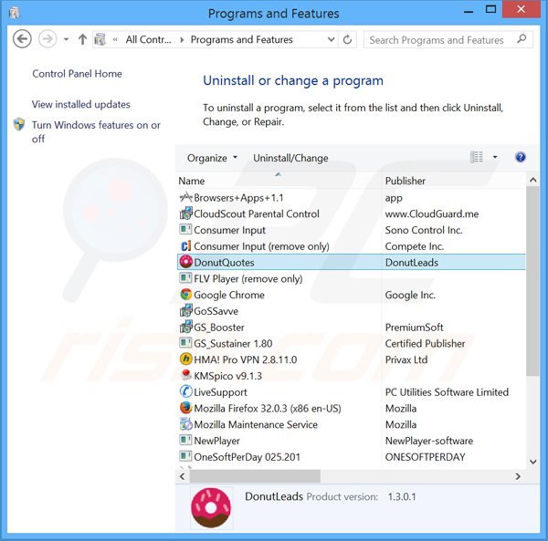 desinstalar el adware donutquotes del Panel de control