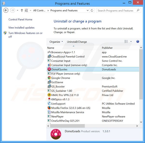 desinstalar el adware donutquotes del Panel de control