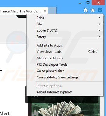 Eliminando los anuncios de Finance Alert de Internet Explorer paso 1